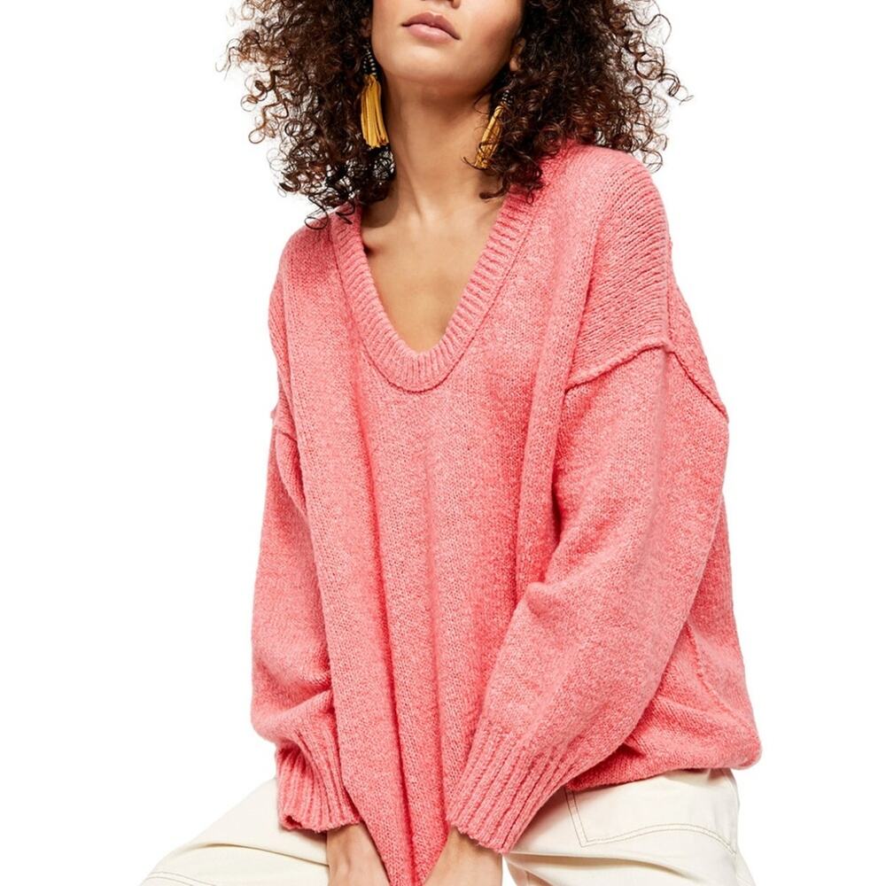 NEW Free People Sweater Brookside Bright Pink Scoop Neck Tunic Women’s Small - Picture 2 of 6